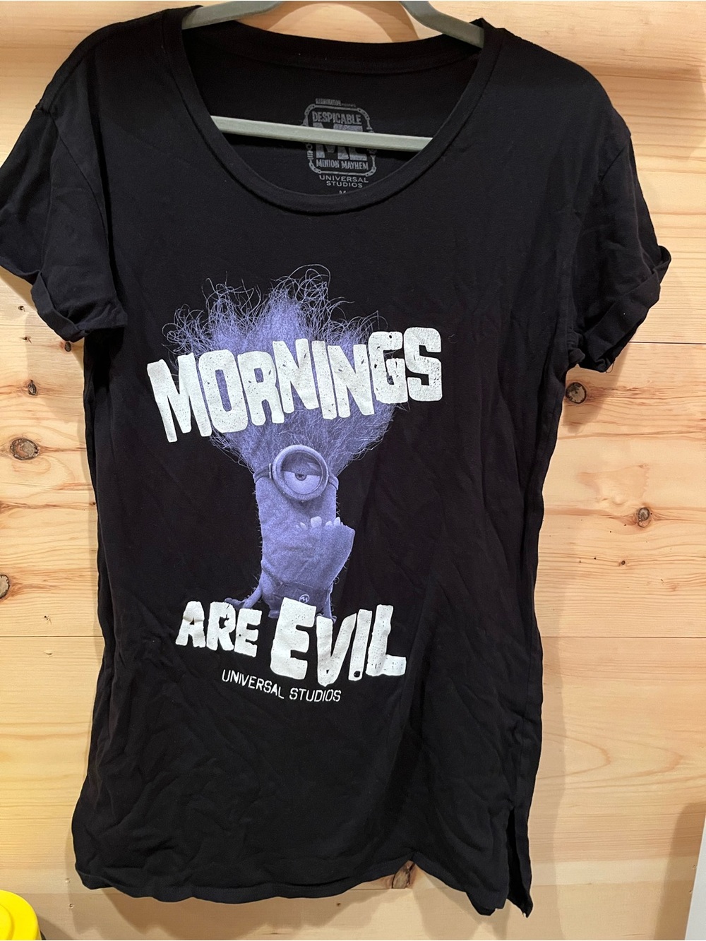 Universal Black 'Mornings Are Evil' Graphic Tee with Purple Minion Art